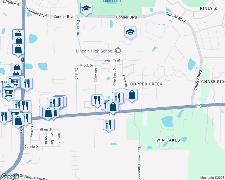 map of restaurants, bars, coffee shops, grocery stores, and more near 1088 Longstreet Drive in Tallahassee