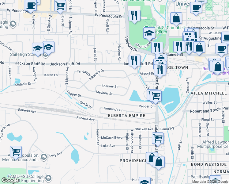 map of restaurants, bars, coffee shops, grocery stores, and more near 1609 Mayhew Street in Tallahassee