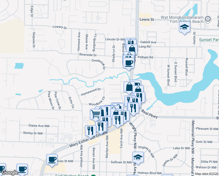 map of restaurants, bars, coffee shops, grocery stores, and more near 646 Virginia Oak Court in Fort Walton Beach