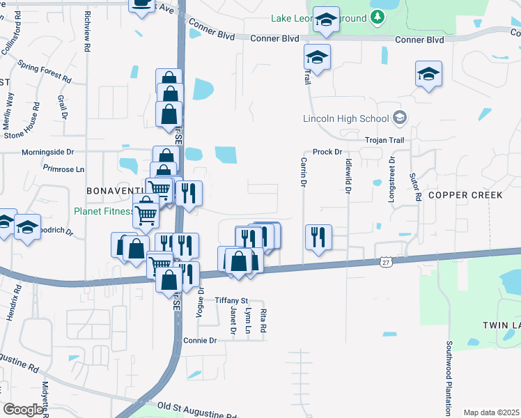 map of restaurants, bars, coffee shops, grocery stores, and more near 3206 Maxwell Street in Tallahassee