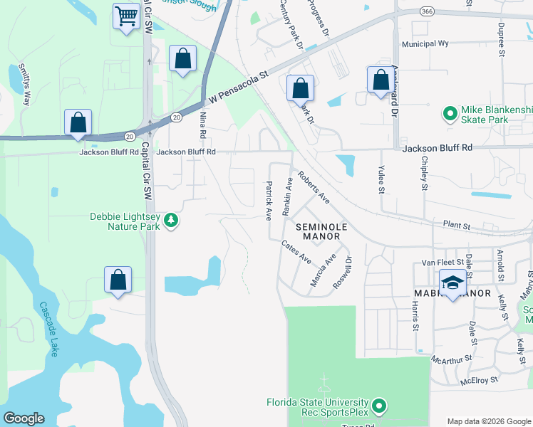 map of restaurants, bars, coffee shops, grocery stores, and more near 1554 Rankin Avenue in Tallahassee