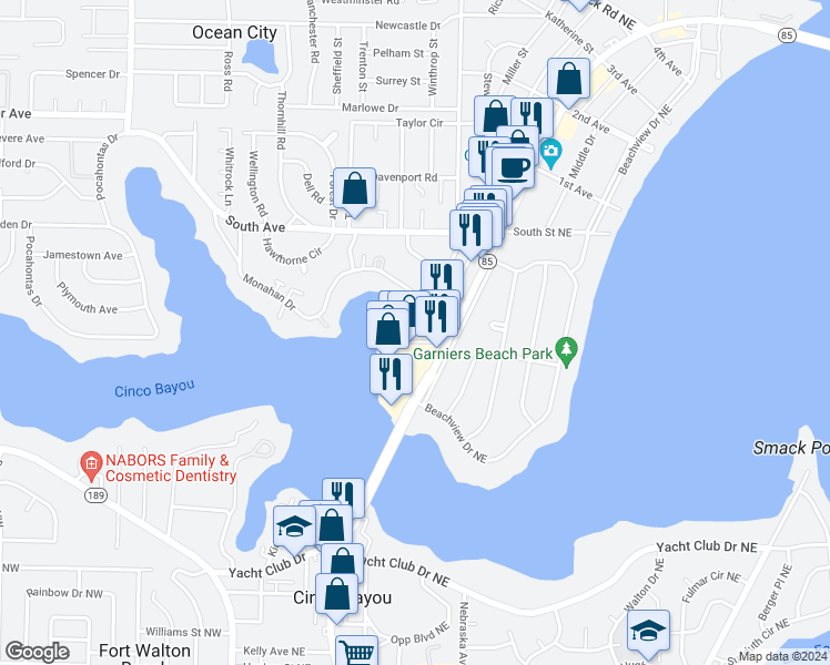map of restaurants, bars, coffee shops, grocery stores, and more near 226 Eglin Parkway Northeast in Fort Walton Beach