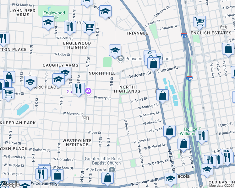 map of restaurants, bars, coffee shops, grocery stores, and more near 500 West Avery Street in Pensacola