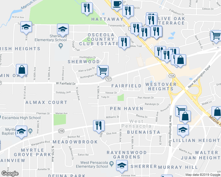 map of restaurants, bars, coffee shops, grocery stores, and more near 144 Vassar Drive in Pensacola
