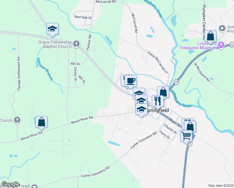 map of restaurants, bars, coffee shops, grocery stores, and more near 27242 Louisiana 42 in Springfield