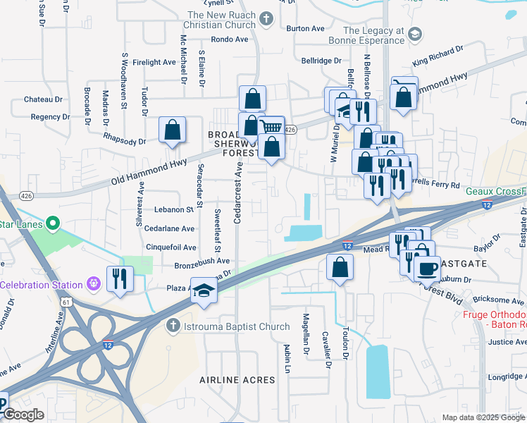 map of restaurants, bars, coffee shops, grocery stores, and more near 2310 Aubin Lane in Baton Rouge