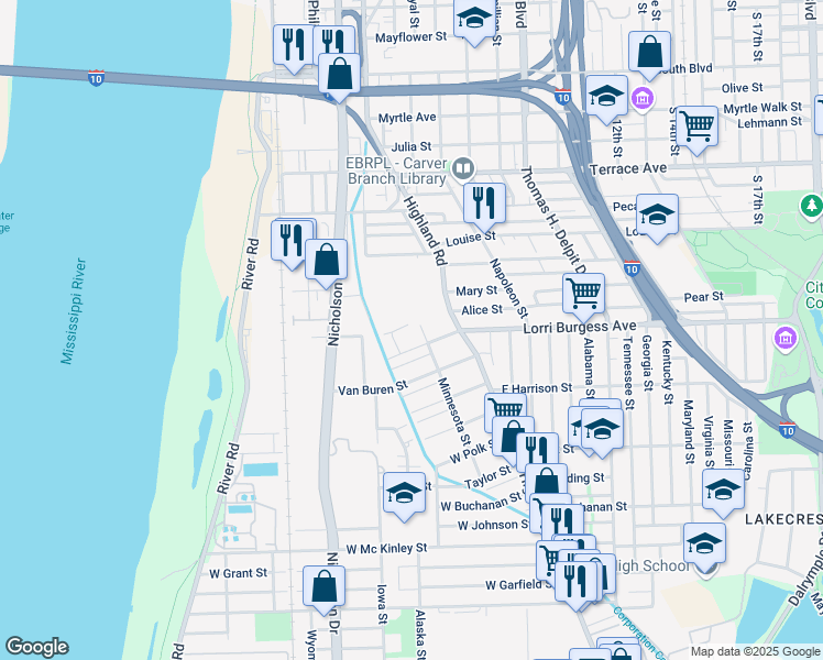 map of restaurants, bars, coffee shops, grocery stores, and more near 268 West Washington Street in Baton Rouge
