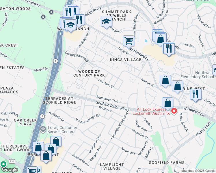 map of restaurants, bars, coffee shops, grocery stores, and more near 13424 Equestrian Cove in Austin