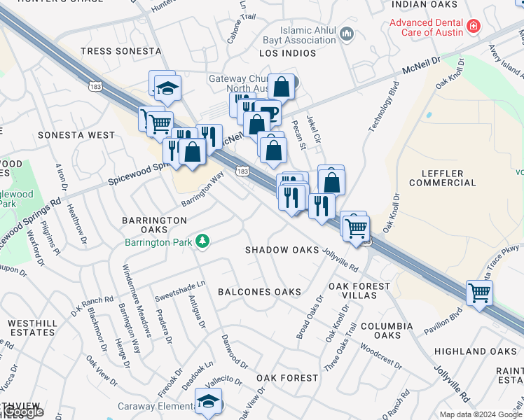 map of restaurants, bars, coffee shops, grocery stores, and more near 12001 Commonwealth Way in Austin