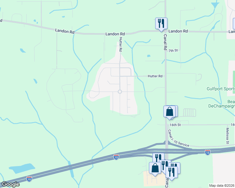 map of restaurants, bars, coffee shops, grocery stores, and more near 10225 Hutter Road in Gulfport