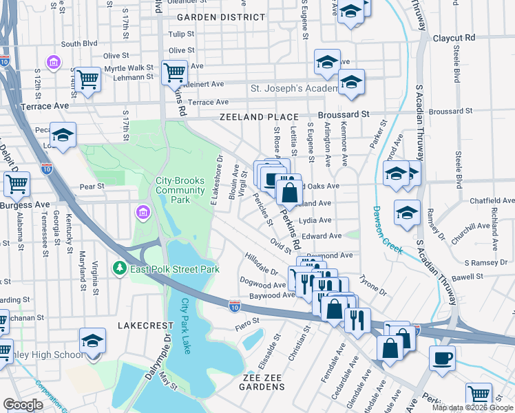 map of restaurants, bars, coffee shops, grocery stores, and more near 2040 Pericles Street in Baton Rouge