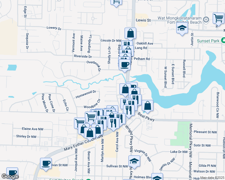 map of restaurants, bars, coffee shops, grocery stores, and more near 613 Virginia Oak Court in Fort Walton Beach