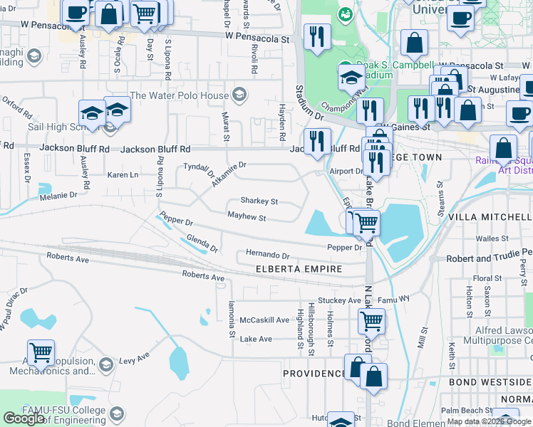 map of restaurants, bars, coffee shops, grocery stores, and more near 1637 Mayhew Street in Tallahassee
