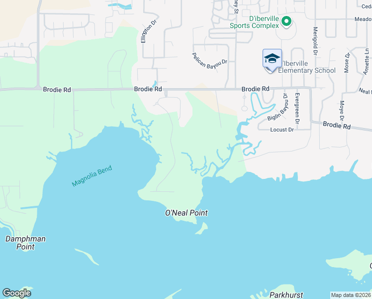 map of restaurants, bars, coffee shops, grocery stores, and more near 1571 Brodie Road in Biloxi