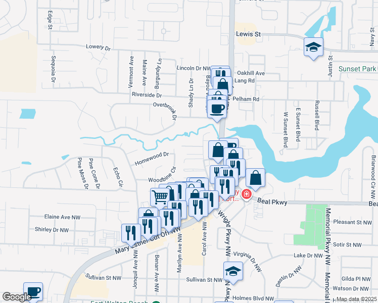 map of restaurants, bars, coffee shops, grocery stores, and more near 629 Virginia Oak Court in Fort Walton Beach