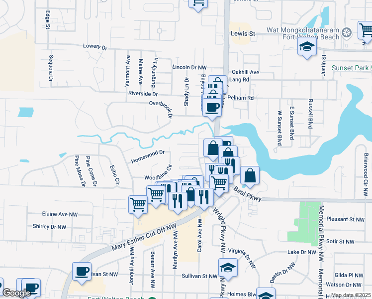 map of restaurants, bars, coffee shops, grocery stores, and more near 625 Virginia Oak Court in Fort Walton Beach