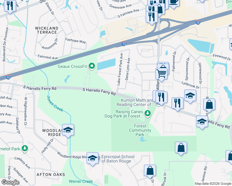 map of restaurants, bars, coffee shops, grocery stores, and more near 5660 Lake Forest Park Avenue in Baton Rouge