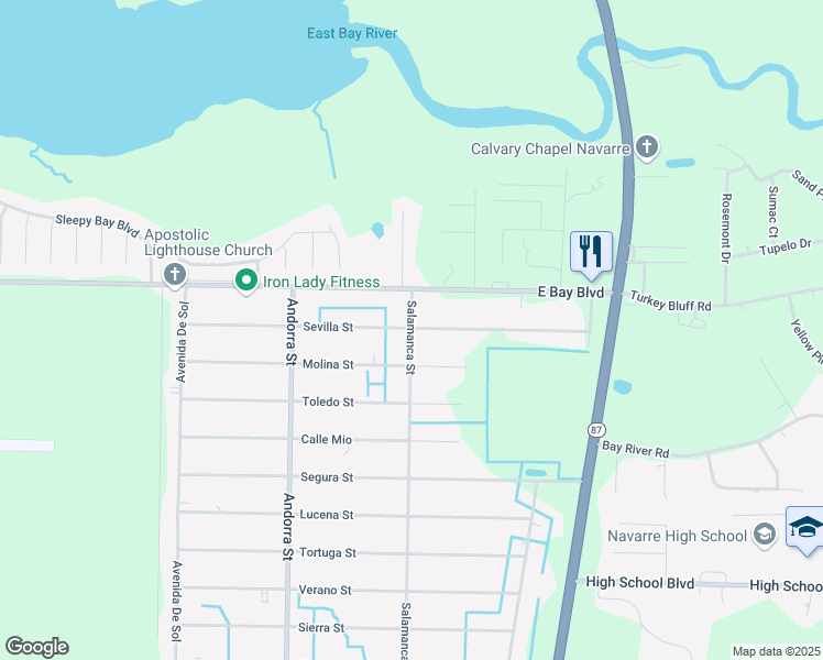 map of restaurants, bars, coffee shops, grocery stores, and more near 2656 Salamanca Street in Navarre