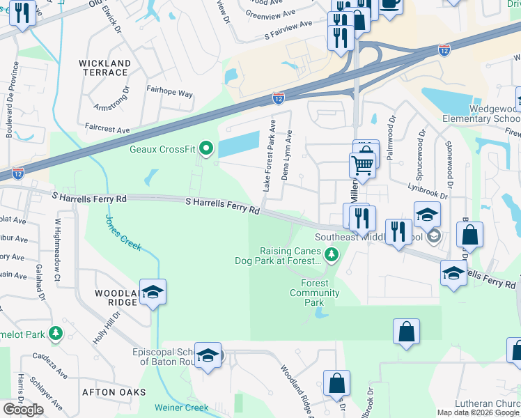 map of restaurants, bars, coffee shops, grocery stores, and more near 5660 Lake Forest Park Avenue in Baton Rouge