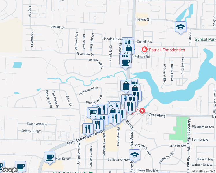 map of restaurants, bars, coffee shops, grocery stores, and more near 646 Virginia Oak Court in Fort Walton Beach