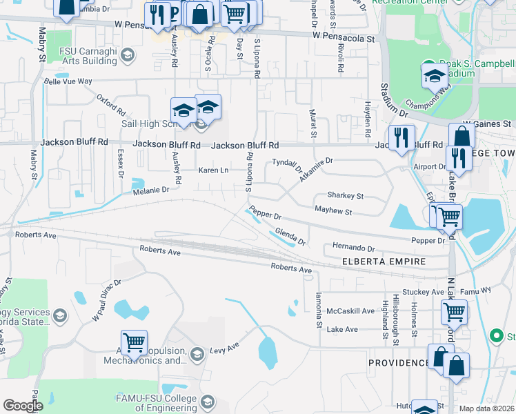 map of restaurants, bars, coffee shops, grocery stores, and more near 1822 Pepper Drive in Tallahassee