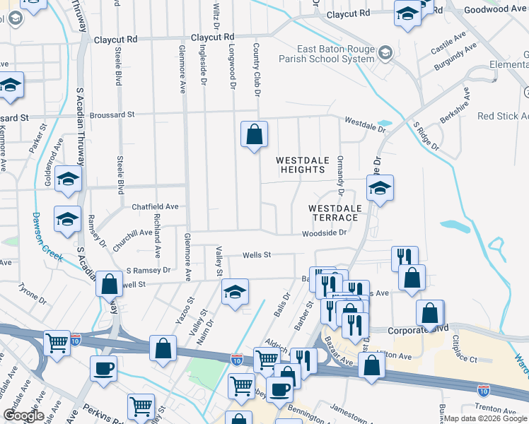 map of restaurants, bars, coffee shops, grocery stores, and more near 1963 Country Club Drive in Baton Rouge