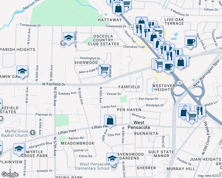 map of restaurants, bars, coffee shops, grocery stores, and more near 335 Emory Drive in Pensacola