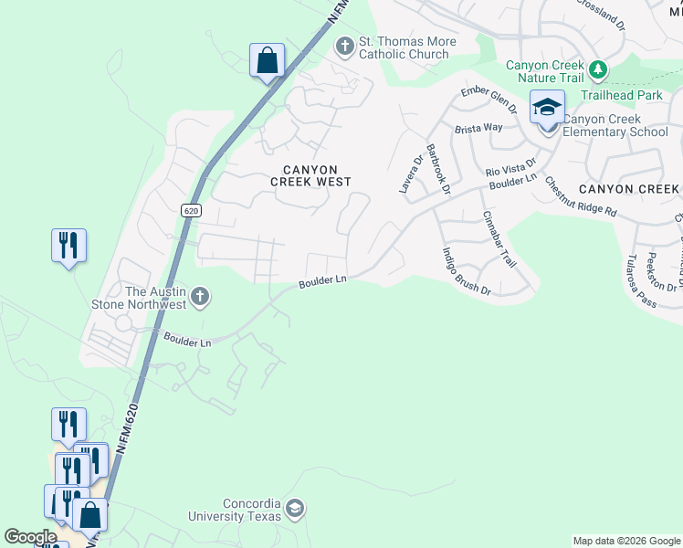 map of restaurants, bars, coffee shops, grocery stores, and more near 3405 Epic Court in Austin