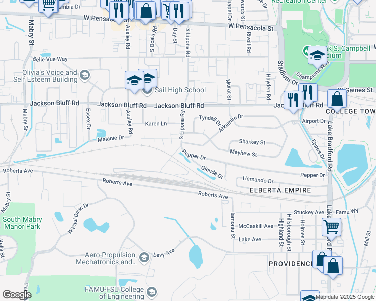 map of restaurants, bars, coffee shops, grocery stores, and more near 1822 Pepper Drive in Tallahassee