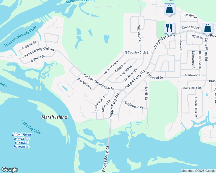 map of restaurants, bars, coffee shops, grocery stores, and more near 2276 Sunkist Country Club Road in Biloxi