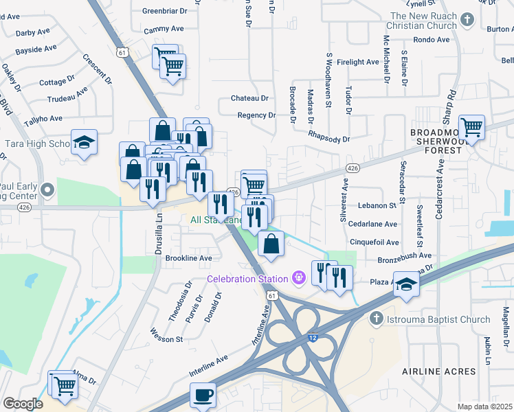 map of restaurants, bars, coffee shops, grocery stores, and more near 9830 Old Hammond Highway in Baton Rouge