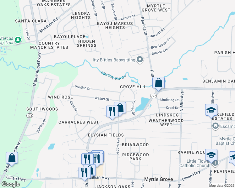 map of restaurants, bars, coffee shops, grocery stores, and more near 7704 Walker Street in Pensacola