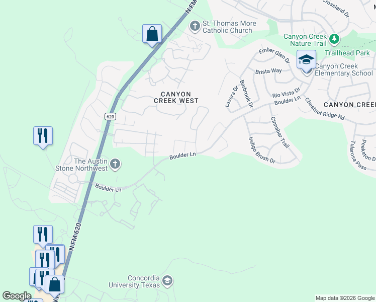 map of restaurants, bars, coffee shops, grocery stores, and more near 3405 Epic Court in Austin