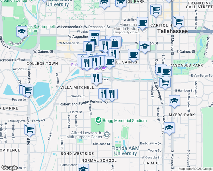 map of restaurants, bars, coffee shops, grocery stores, and more near 600 Eugenia Street in Tallahassee