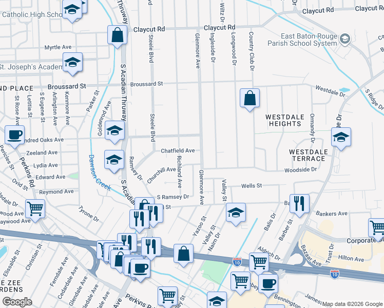 map of restaurants, bars, coffee shops, grocery stores, and more near 4051 Churchill Avenue in Baton Rouge