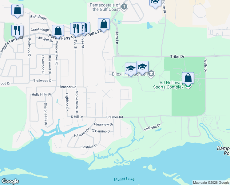 map of restaurants, bars, coffee shops, grocery stores, and more near 769 Waters View Drive in Biloxi