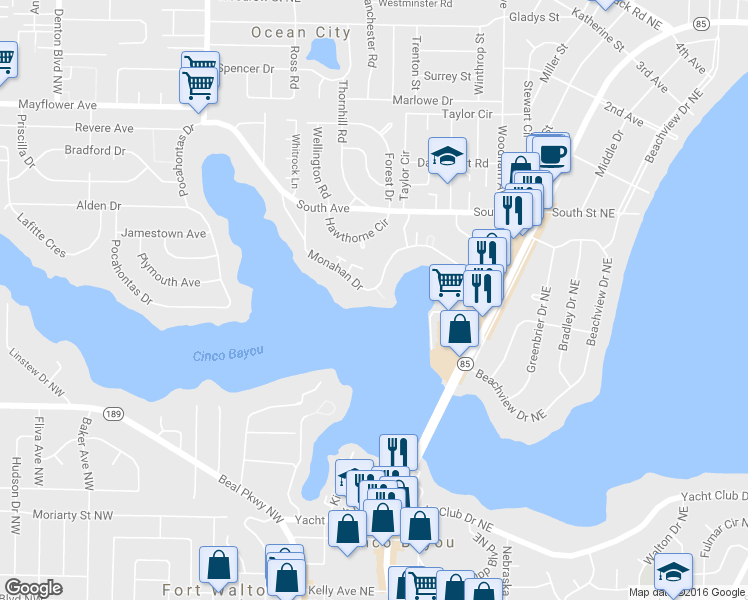 map of restaurants, bars, coffee shops, grocery stores, and more near 155 Monahan Drive in Fort Walton Beach