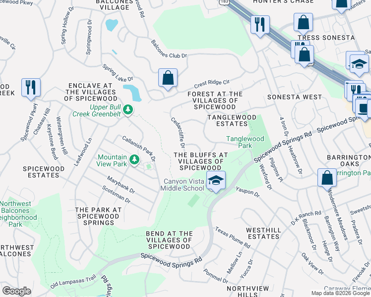 map of restaurants, bars, coffee shops, grocery stores, and more near 11211 Cedarcliffe Drive in Austin