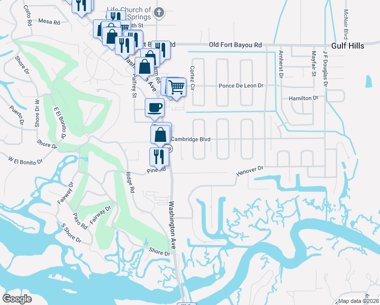map of restaurants, bars, coffee shops, grocery stores, and more near 6233 Tennyson Drive in Ocean Springs