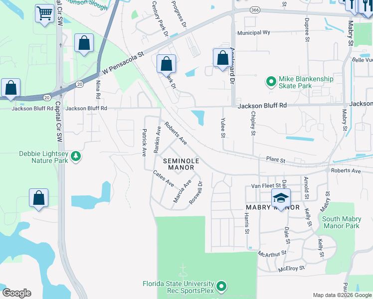 map of restaurants, bars, coffee shops, grocery stores, and more near 3931 Roberts Avenue in Tallahassee