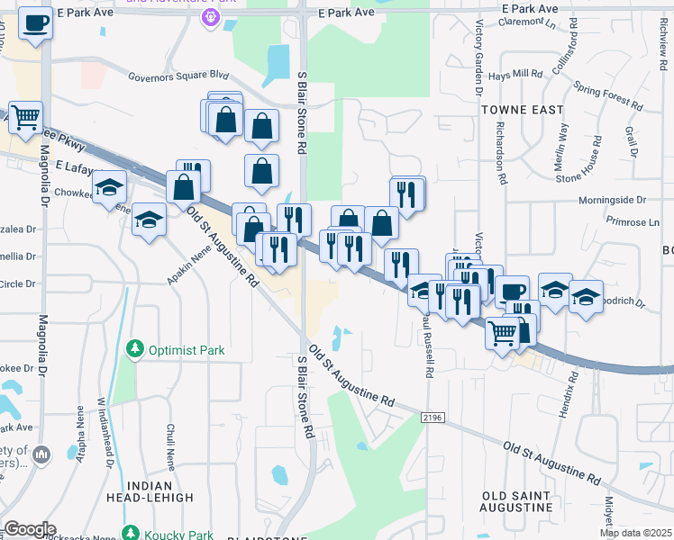 map of restaurants, bars, coffee shops, grocery stores, and more near 1901 Apalachee Parkway in Tallahassee