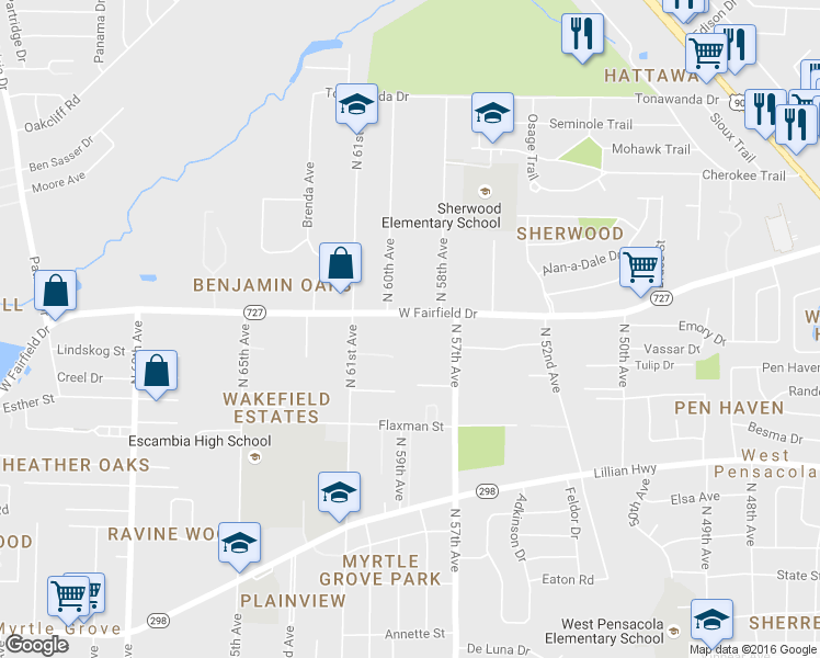 map of restaurants, bars, coffee shops, grocery stores, and more near 5821 West Fairfield Drive in Pensacola