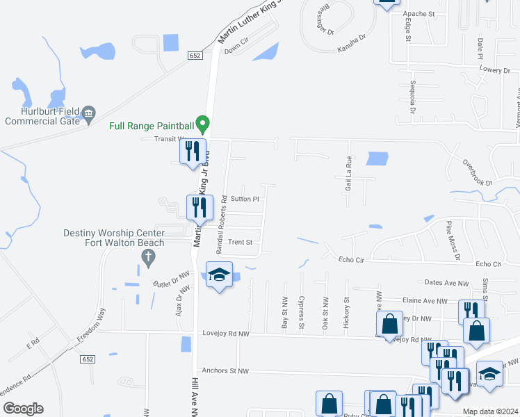 map of restaurants, bars, coffee shops, grocery stores, and more near 1627 Ella Ruth Drive in Fort Walton Beach