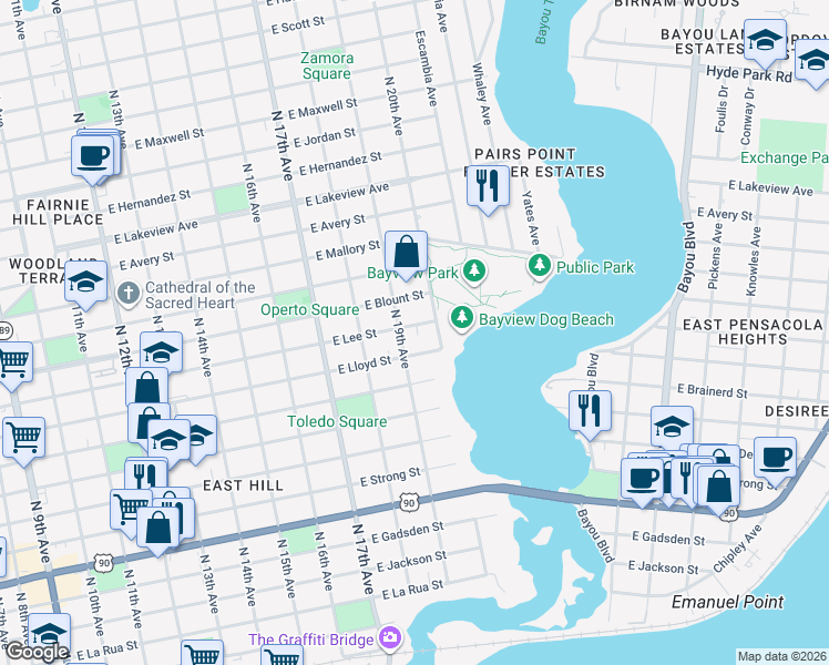map of restaurants, bars, coffee shops, grocery stores, and more near 1915 East Lee Street in Pensacola
