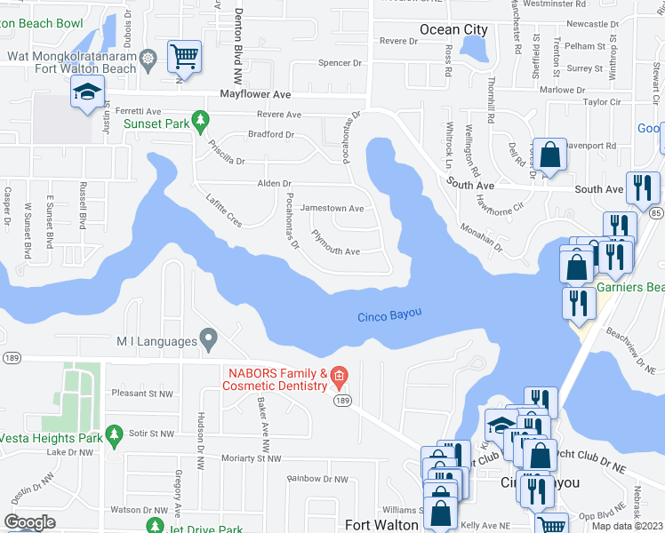 map of restaurants, bars, coffee shops, grocery stores, and more near 550 Pocahontas Drive in Fort Walton Beach
