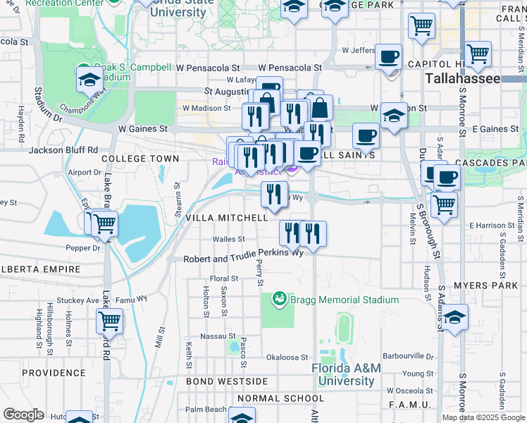 map of restaurants, bars, coffee shops, grocery stores, and more near 640 Eugenia Street in Tallahassee