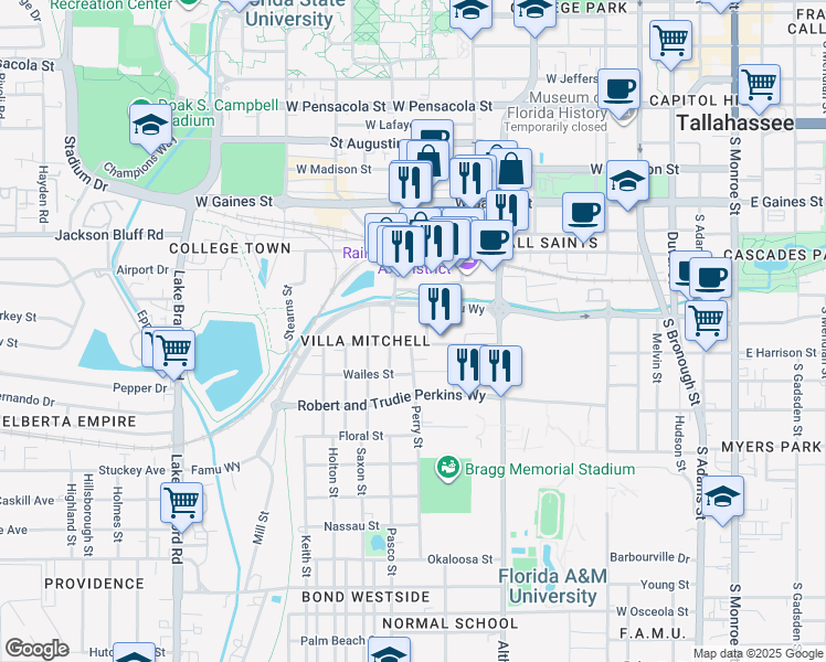 map of restaurants, bars, coffee shops, grocery stores, and more near 645 Eugenia Street in Tallahassee