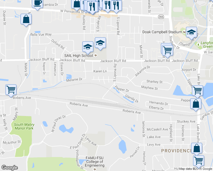 map of restaurants, bars, coffee shops, grocery stores, and more near 917 Brave Trail in Tallahassee