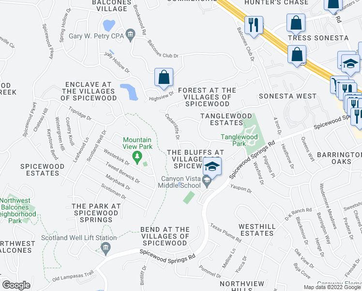map of restaurants, bars, coffee shops, grocery stores, and more near 8700 Wafer Ash Way in Austin