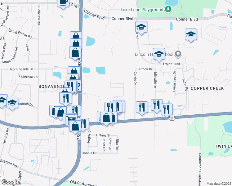 map of restaurants, bars, coffee shops, grocery stores, and more near 3206 Maxwell Street in Tallahassee